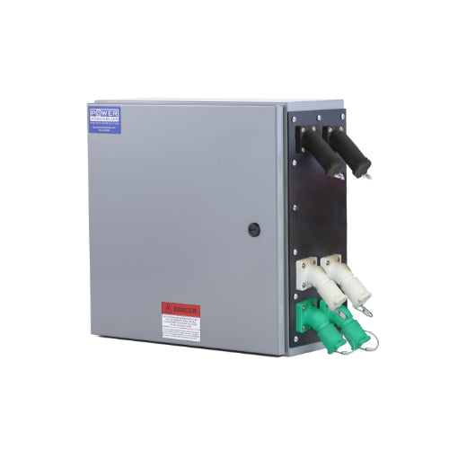 Power Assemblies Camlock Con Box, Right 45°, Double Set Screw, 800 Amps, 120 Volts, Male, Blk/Wht/Grn