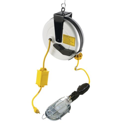 Commercial Cord Reel, Non-metallic incandescent hand lamp and automatic shut off switch, Yellow, HBLC25163AIN
