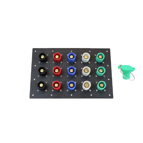 1200A Black, Red, Blue, White, Green 3 Phase 120/208V 15H Male 90 Degree Camlock Panel with Caps + Lanyards