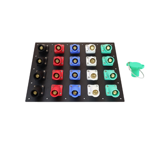 1600 Amp Black, Red, Blue, White, Green 3 Phase 120/208V 20H Male 45 Degree Camlock Panel with Caps and Lanyards
