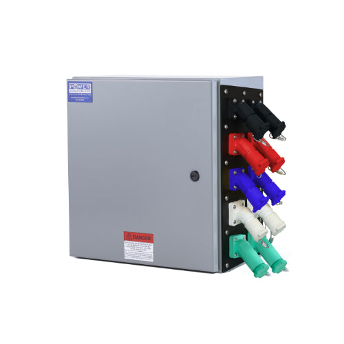 Power Assemblies Camlock Con Box, Right 45°, Threaded Post, 800 Amps, 120/208 Volts, Female, Blk/Red/Blu/Wht/Grn