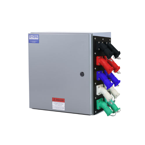 Power Assemblies Camlock Con Box, Right 45°, Double Set Screw, 800 Amps, 120/208 Volts, Female, Blk/Red/Blu/Wht/Grn