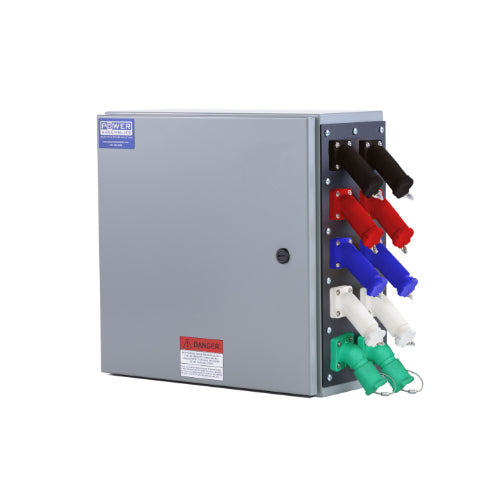 Power Assemblies Camlock Con Box, Right 45°, Threaded Post, 800 Amps, 120/208 Volts, Male, Blk/Red/Blu/Wht/Grn