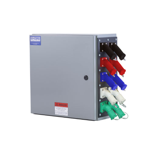 Power Assemblies Camlock Con Box, Right 45°, Threaded Post, 800 Amps, 120/208 Volts, Male, Blk/Red/Blu/Wht/Grn