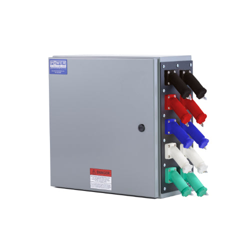 Power Assemblies Camlock Con Box, Right 45°, Threaded Post, 800 Amps, 120/208 Volts, Male, Blk/Red/Blu/Wht/Grn