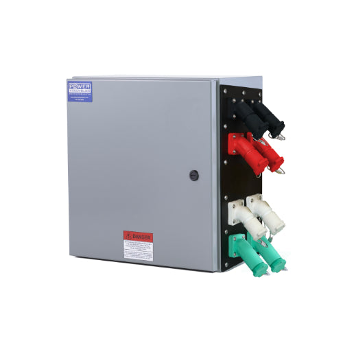 Power Assemblies Camlock Con Box, Right 45°, Threaded Post, 800 Amps, 120/240 Volts, Female, Blk/Red/Wht/Grn