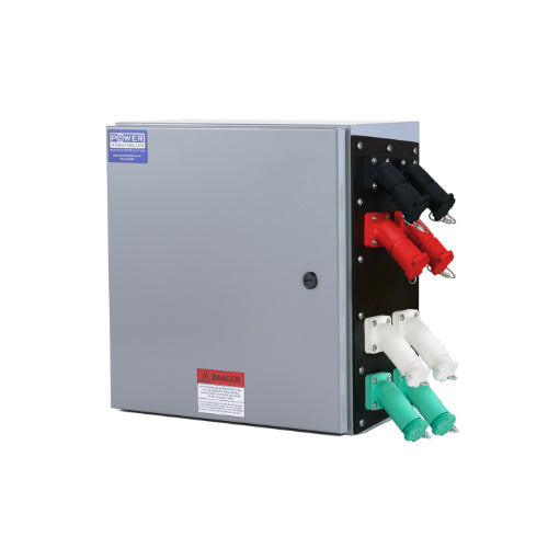 Power Assemblies Camlock Con Box, Right 45°, Threaded Post, 800 Amps, 120/240 Volts, Female, Blk/Red/Wht/Grn