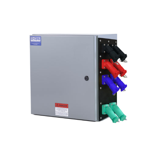 Power Assemblies Camlock Con Box, Right 45°, Threaded Post, 800 Amps, 208 Volts, Female, Blk/Red/Blu/Grn