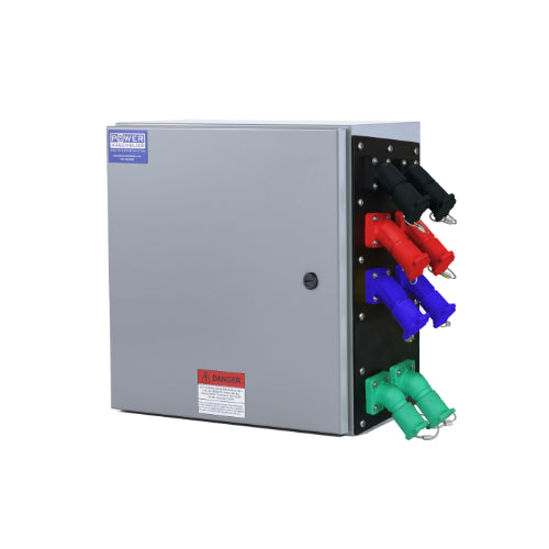 Power Assemblies Camlock Con Box, Right 45°, Threaded Post, 800 Amps, 208 Volts, Female, Blk/Red/Blu/Grn