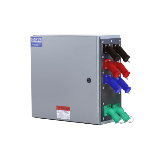 Power Assemblies Camlock Con Box, Right 45°, Threaded Post, 800 Amps, 208 Volts, Male, Blk/Red/Blu/Grn