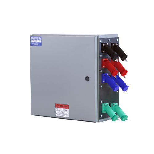Power Assemblies Camlock Con Box, Right 45°, Threaded Post, 800 Amps, 208 Volts, Male, Blk/Red/Blu/Grn