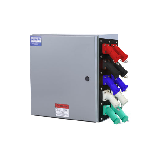 Power Assemblies Camlock Con Box, Right 45°, Threaded Post, 800 Amps, 347/600 Volts, Female, Red/Blk/Blu/Wht/Grn