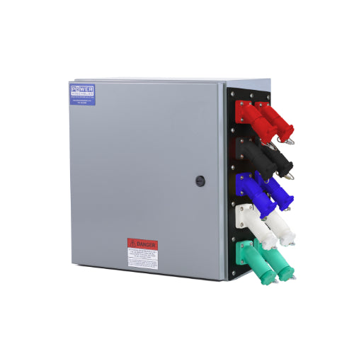 Power Assemblies Camlock Con Box, Right 45°, Threaded Post, 800 Amps, 347/600 Volts, Female, Red/Blk/Blu/Wht/Grn