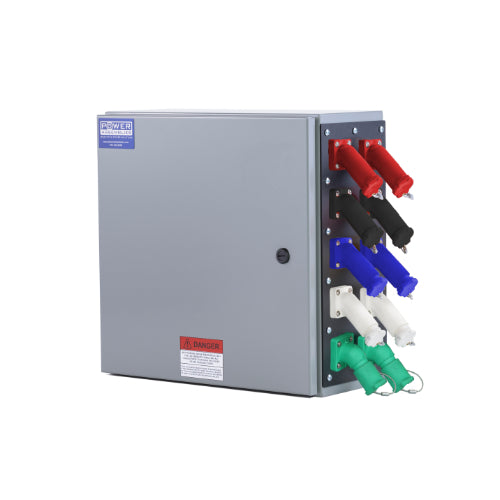 Power Assemblies Camlock Con Box, Right 45°, Threaded Post, 800 Amps, 347/600 Volts, Male, Red/Blk/Blu/Wht/Grn