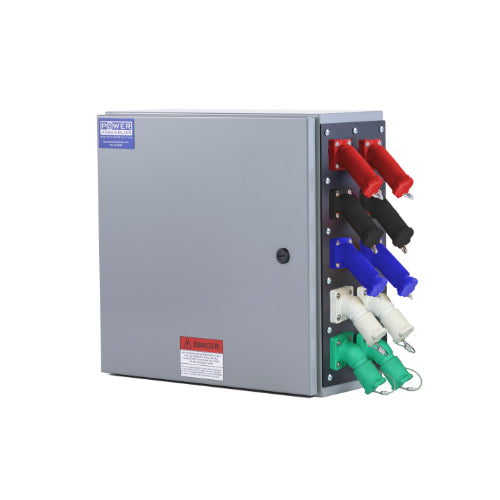 Power Assemblies Camlock Con Box, Right 45°, Threaded Post, 800 Amps, 347/600 Volts, Male, Red/Blk/Blu/Wht/Grn