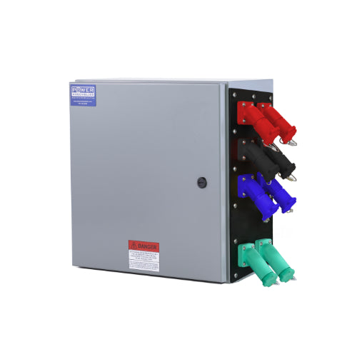 Power Assemblies Camlock Con Box, Right 45°, Threaded Post, 800 Amps, 600 Volts, Female, Red/Blk/Blu/Grn