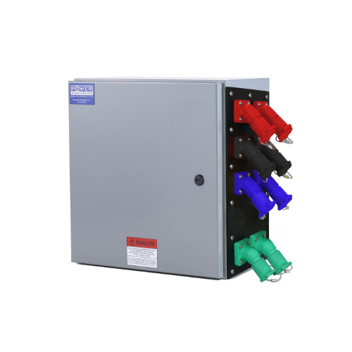 Power Assemblies Camlock Con Box, Right 45°, Threaded Post, 800 Amps, 600 Volts, Female, Red/Blk/Blu/Grn
