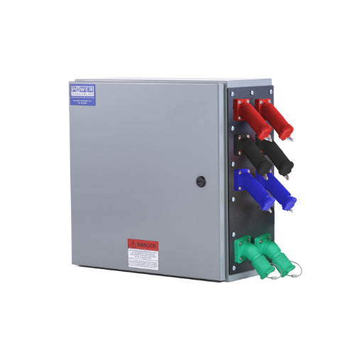Power Assemblies Camlock Con Box, Right 45°, Threaded Post, 800 Amps, 600 Volts, Male, Red/Blk/Blu/Grn
