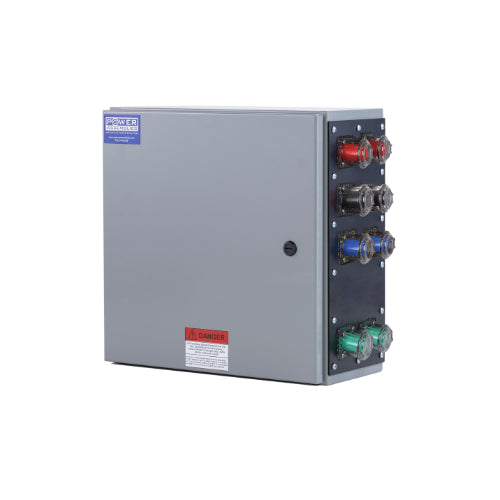 Power Assemblies Camlock Con Box, Right 90°, Threaded Post, 800 Amps, 600 Volts, Female, Red/Blk/Blu/Grn