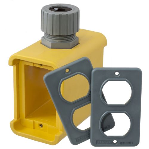 Pre-Assembled Portable Outlet Boxes (with Cord Connector Installed),  Deep, Yellow with (2) Duplex plates, HBL3000