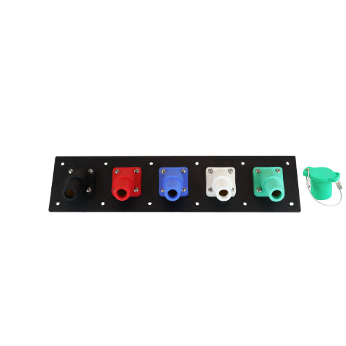 Plastic 400A Black, Red, Blue, White, Green 3 Phase 120/208V 5 Hole Female 45 Degree Cam Panel with Caps + Lanyards