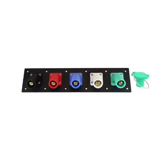 Plastic 400A Black, Red, Blue, White, Green 3 Phase 120/208V 5 Hole Male 45 Degree Cam Panel with Caps + Lanyards