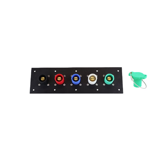 Plastic 400A Black, Red, Blue, White, Green 3 Phase 120/208V 5 Hole Male 90 Degree Cam Panel with Caps + Lanyards