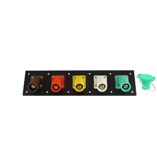 Plastic 400A Brown, Orange, Yellow, White, Green 3 Phase 277/480V 5 Hole Male 45 Degree Cam Panel with Caps + Lanyards
