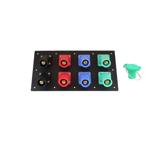 800A Black, Red, Blue, Green 3 Phase 208V 8H Male 45 Degree Cam lock Panel with Caps + Lanyards