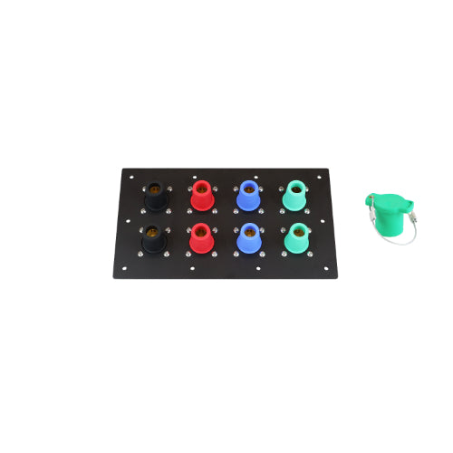 800A Black, Red, Blue, Green 3 Phase 208V 8H Female 90 Degree Non-Metallic Cam lock Panel with Caps + Lanyards
