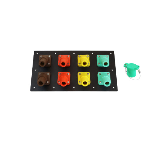 800A Brown, Orange, Yellow, Green 3 Phase 480V 8H Female 45 Degree Cam lock Panel with Caps + Lanyards