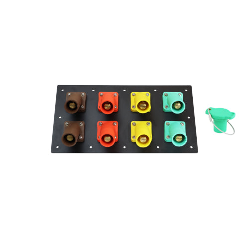800A Brown, Orange, Yellow, Green 3 Phase 480V 8H Male 45 Degree Cam lock Panel with Caps + Lanyards