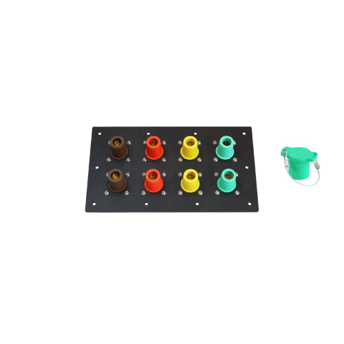 800A Brown, Orange, Yellow, Green 3 Phase 480V 8H Female 90 Degree Non-Metallic Cam lock Panel with Caps + Lanyards