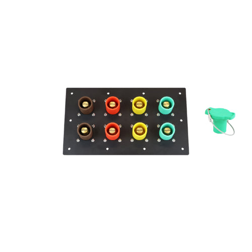 800A Brown, Orange, Yellow, Green 3 Phase 480V 8H Male 90 Degree Cam lock Panel with Caps + Lanyards