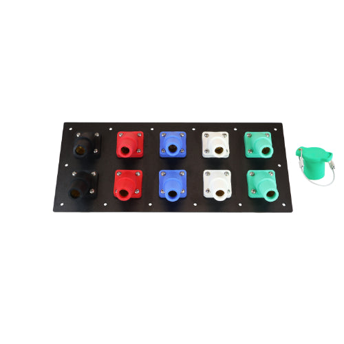 800A Black, Red, Blue, White, Green 3 Phase 120/208V 10H Female 45 Degree Cam lock Panel with Caps + Lanyards