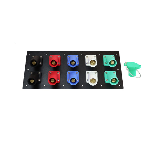 800A Black, Red, Blue, White, Green 3 Phase 120/208V 10H Male 45 Degree Cam lock Panel with Caps + Lanyards