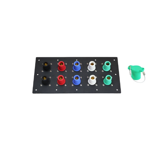 800A Black, Red, Blue, White, Green 3 Phase 120/208V 10H Female 90 Degree Cam lock Panel with Caps + Lanyards