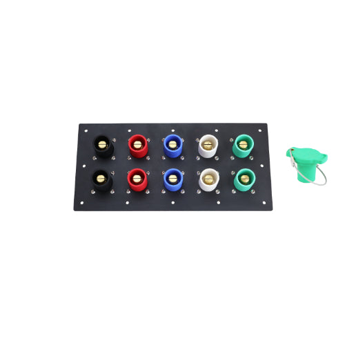 800A Black, Red, Blue, White, Green 3 Phase 120/208V 10H Male 90 Degree Cam lock Panel with Caps + Lanyards