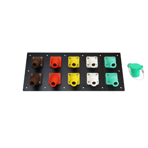 800A Brown, Orange, Yellow, White, Green 3 Phase 277/480V 10H Female 45 Degree Cam lock Panel Caps + Lanyards, Horizontal