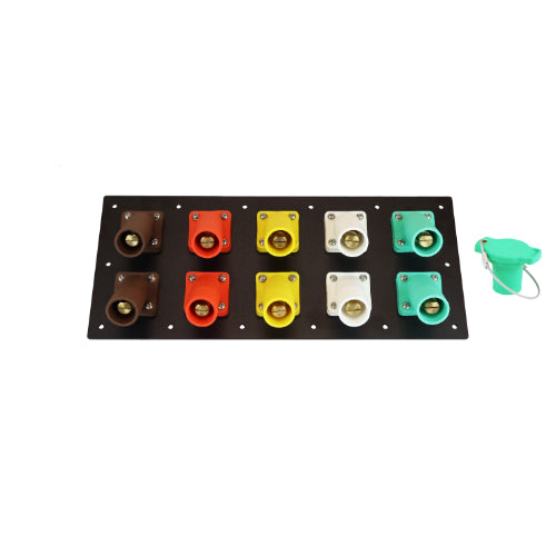 800A Brown, Orange, Yellow, White, Green 3 Phase 277/480V 10H Male 45 Degree Cam lock Panel with Caps + Lanyards