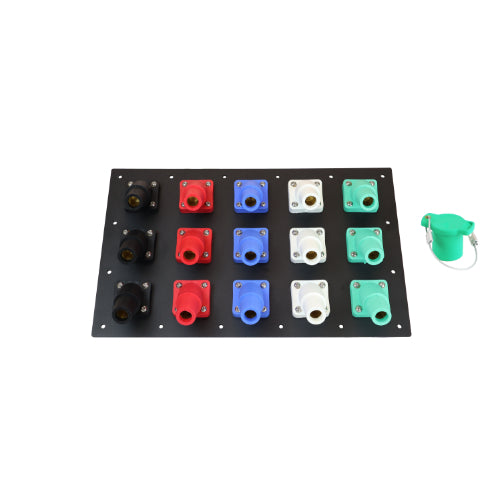 1200A Black, Red, Blue, White, Green 3 Phase 120/208V 15H Female 45 Degree Camlock Panel with Caps + Lanyards