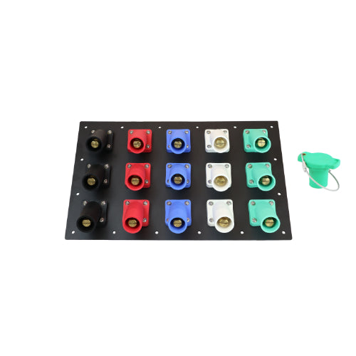 1200A Black, Red, Blue, White, Green 3 Phase 120/208V 15H Male 45 Degree Camlock Panel with Caps + Lanyards