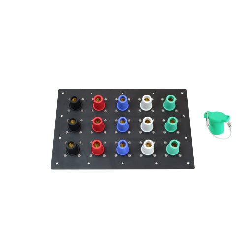 1200A Black, Red, Blue, White, Green 3 Phase 120/208V 15H Female 90 Degree Camlock Panel with Caps + Lanyards