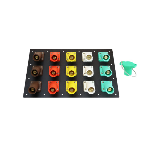 1200A Brown, Orange, Yellow, White, Green 3 Phase 277/480V 15H Male 45 Degree Camlock Panel with Caps + Lanyards