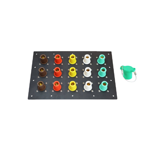 1200A Brown, Orange, Yellow, White, Green 3 Phase 277/480V 15H Female 90 Degree Camlock Panel with Caps + Lanyards