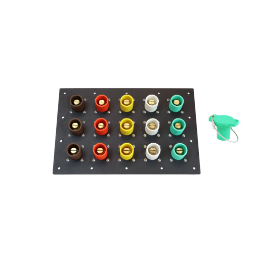 1200A Brown, Orange, Yellow, White, Green 3 Phase 277/480V 15H Male 90 Degree Camlock Panel with Caps + Lanyards