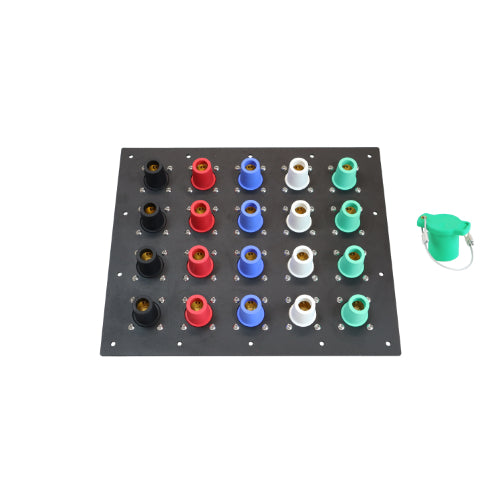 1600 Amp Black, Red, Blue, White, Green 3 Phase 120/208V 20H Female 90 Degree Camlock Panel with Caps and Lanyards