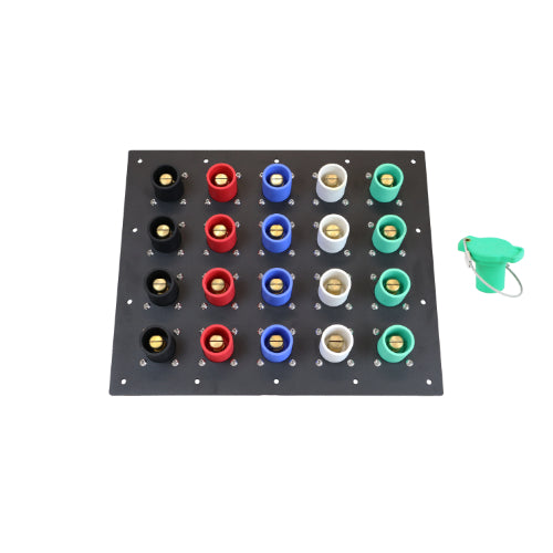 1600 Amp Black, Red, Blue, White, Green 3 Phase 120/208V 20H Male 90 Degree Camlock Panel with Caps and Lanyards